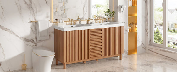English Elm Viedo]59-Inch Freestanding Double Sink Vanity with Rubberwood Legs and Soft Close Doors Let Me Count: = 13, Then Space, = 12, = 6, = 4, = 6, = 4, = 10, = 4, and = 3, Wood 59 inches N729P000037N