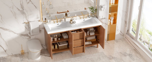 English Elm Viedo]59-Inch Freestanding Double Sink Vanity with Rubberwood Legs and Soft Close Doors Let Me Count: = 13, Then Space, = 12, = 6, = 4, = 6, = 4, = 10, = 4, and = 3, Wood 59 inches N729P000037N