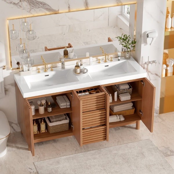 English Elm Viedo]59-Inch Freestanding Double Sink Vanity with Rubberwood Legs and Soft Close Doors Let Me Count: = 13, Then Space, = 12, = 6, = 4, = 6, = 4, = 10, = 4, and = 3, Wood 59 inches N729P000037N