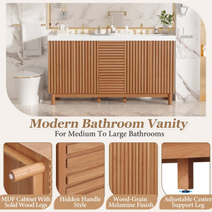 English Elm Viedo]59-Inch Freestanding Double Sink Vanity with Rubberwood Legs and Soft Close Doors Let Me Count: = 13, Then Space, = 12, = 6, = 4, = 6, = 4, = 10, = 4, and = 3, Wood 59 inches N729P000037N