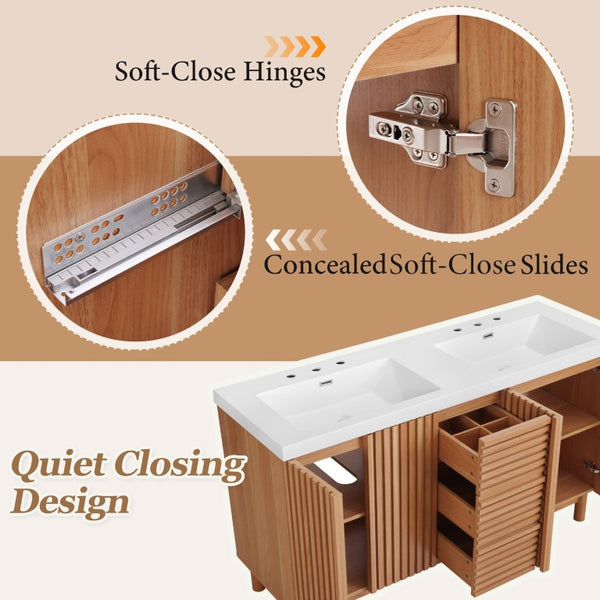 English Elm Viedo]59-Inch Freestanding Double Sink Vanity with Rubberwood Legs and Soft Close Doors Let Me Count: = 13, Then Space, = 12, = 6, = 4, = 6, = 4, = 10, = 4, and = 3, Wood 59 inches N729P000037N