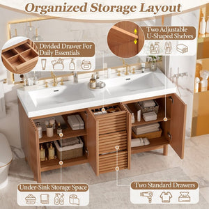 English Elm Viedo]59-Inch Freestanding Double Sink Vanity with Rubberwood Legs and Soft Close Doors Let Me Count: = 13, Then Space, = 12, = 6, = 4, = 6, = 4, = 10, = 4, and = 3, Wood 59 inches N729P000037N
