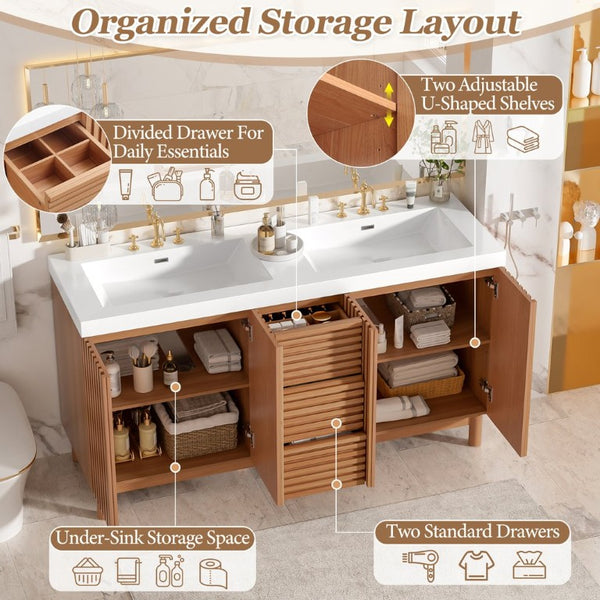 English Elm Viedo]59-Inch Freestanding Double Sink Vanity with Rubberwood Legs and Soft Close Doors Let Me Count: = 13, Then Space, = 12, = 6, = 4, = 6, = 4, = 10, = 4, and = 3, Wood 59 inches N729P000037N