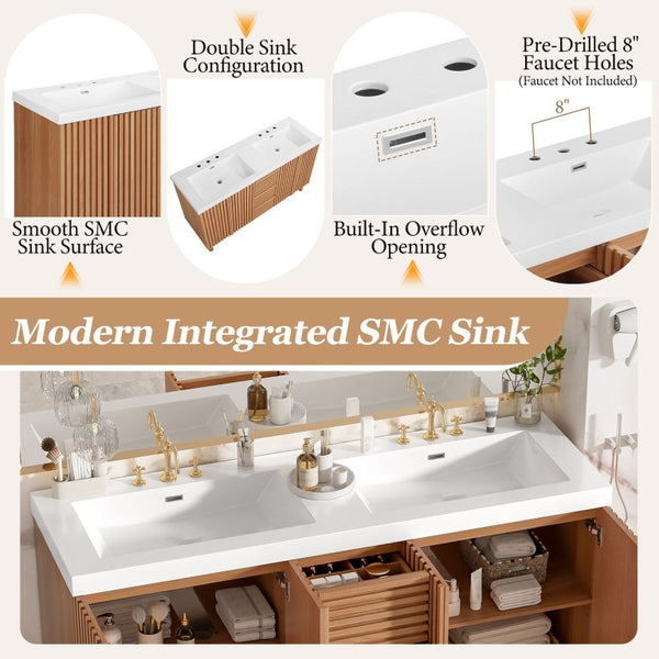 English Elm Viedo]59-Inch Freestanding Double Sink Vanity with Rubberwood Legs and Soft Close Doors Let Me Count: = 13, Then Space, = 12, = 6, = 4, = 6, = 4, = 10, = 4, and = 3, Wood 59 inches N729P000037N
