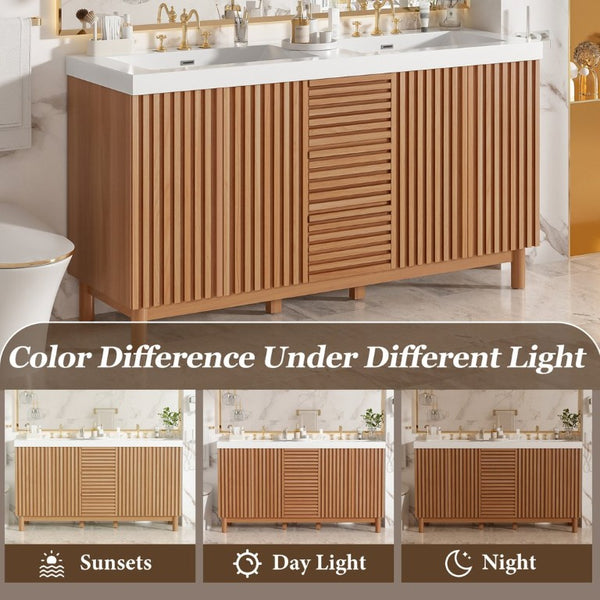 English Elm Viedo]59-Inch Freestanding Double Sink Vanity with Rubberwood Legs and Soft Close Doors Let Me Count: = 13, Then Space, = 12, = 6, = 4, = 6, = 4, = 10, = 4, and = 3, Wood 59 inches N729P000037N