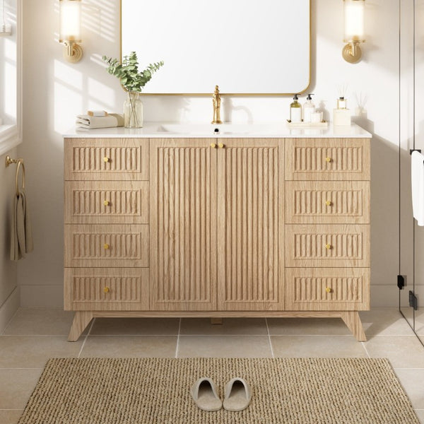 English Elm Viedo]59-Inch Freestanding Double Sink Vanity with Rubberwood Legs and Soft Close Doors Let Me Count: = 13, Then Space, = 12, = 6, = 4, = 6, = 4, = 10, = 4, and = 3, Natural 47.56 inches N729P000038N
