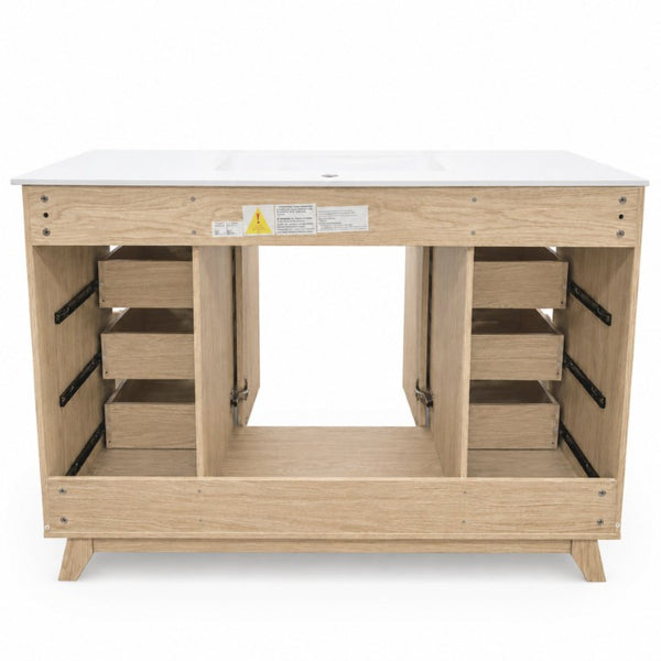 English Elm Viedo]59-Inch Freestanding Double Sink Vanity with Rubberwood Legs and Soft Close Doors Let Me Count: = 13, Then Space, = 12, = 6, = 4, = 6, = 4, = 10, = 4, and = 3, Natural 47.56 inches N729P000038N