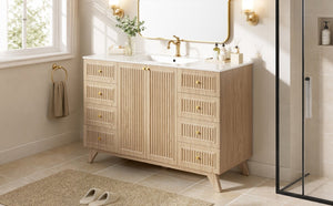 English Elm Viedo]59-Inch Freestanding Double Sink Vanity with Rubberwood Legs and Soft Close Doors Let Me Count: = 13, Then Space, = 12, = 6, = 4, = 6, = 4, = 10, = 4, and = 3, Natural 47.56 inches N729P000038N