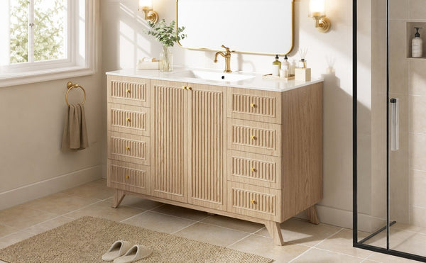English Elm Viedo]59-Inch Freestanding Double Sink Vanity with Rubberwood Legs and Soft Close Doors Let Me Count: = 13, Then Space, = 12, = 6, = 4, = 6, = 4, = 10, = 4, and = 3, Natural 47.56 inches N729P000038N