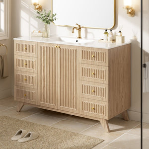 English Elm Viedo]59-Inch Freestanding Double Sink Vanity with Rubberwood Legs and Soft Close Doors Let Me Count: = 13, Then Space, = 12, = 6, = 4, = 6, = 4, = 10, = 4, and = 3, Natural 47.56 inches N729P000038N