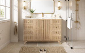 English Elm Viedo]59-Inch Freestanding Double Sink Vanity with Rubberwood Legs and Soft Close Doors Let Me Count: = 13, Then Space, = 12, = 6, = 4, = 6, = 4, = 10, = 4, and = 3, Natural 47.56 inches N729P000038N