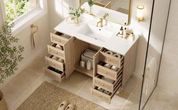 English Elm Viedo]59-Inch Freestanding Double Sink Vanity with Rubberwood Legs and Soft Close Doors Let Me Count: = 13, Then Space, = 12, = 6, = 4, = 6, = 4, = 10, = 4, and = 3, Natural 47.56 inches N729P000038N