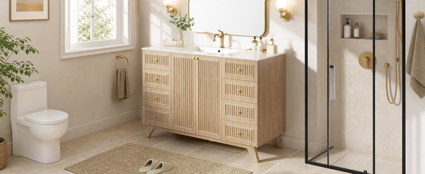 English Elm Viedo]59-Inch Freestanding Double Sink Vanity with Rubberwood Legs and Soft Close Doors Let Me Count: = 13, Then Space, = 12, = 6, = 4, = 6, = 4, = 10, = 4, and = 3, Natural 47.56 inches N729P000038N