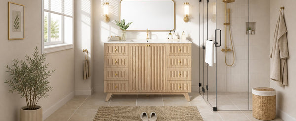 English Elm Viedo]59-Inch Freestanding Double Sink Vanity with Rubberwood Legs and Soft Close Doors Let Me Count: = 13, Then Space, = 12, = 6, = 4, = 6, = 4, = 10, = 4, and = 3, Natural 47.56 inches N729P000038N