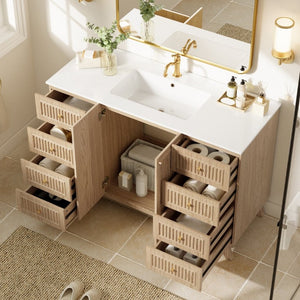 English Elm Viedo]59-Inch Freestanding Double Sink Vanity with Rubberwood Legs and Soft Close Doors Let Me Count: = 13, Then Space, = 12, = 6, = 4, = 6, = 4, = 10, = 4, and = 3, Natural 47.56 inches N729P000038N