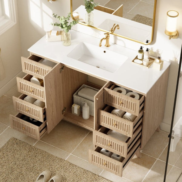 English Elm Viedo]59-Inch Freestanding Double Sink Vanity with Rubberwood Legs and Soft Close Doors Let Me Count: = 13, Then Space, = 12, = 6, = 4, = 6, = 4, = 10, = 4, and = 3, Natural 47.56 inches N729P000038N