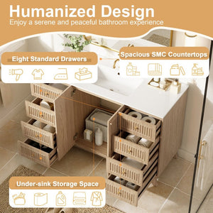 English Elm Viedo]59-Inch Freestanding Double Sink Vanity with Rubberwood Legs and Soft Close Doors Let Me Count: = 13, Then Space, = 12, = 6, = 4, = 6, = 4, = 10, = 4, and = 3, Natural 47.56 inches N729P000038N