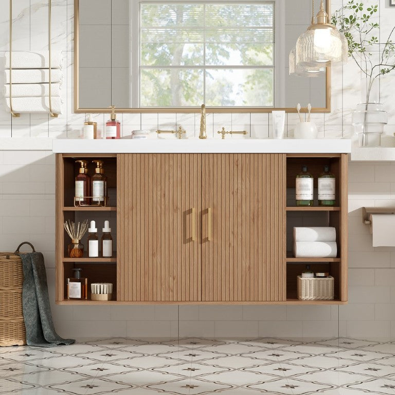 English Elm Viedo]42 Inch Floating Bathroom Vanity Wood Grain Melamine SMC Sink Gold Hardware N729P000039N