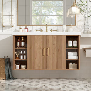 English Elm Viedo]42 Inch Floating Bathroom Vanity Wood Grain Melamine SMC Sink Gold Hardware N729P000039N