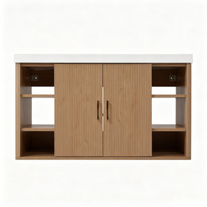English Elm Viedo]42 Inch Floating Bathroom Vanity Wood Grain Melamine SMC Sink Gold Hardware N729P000039N