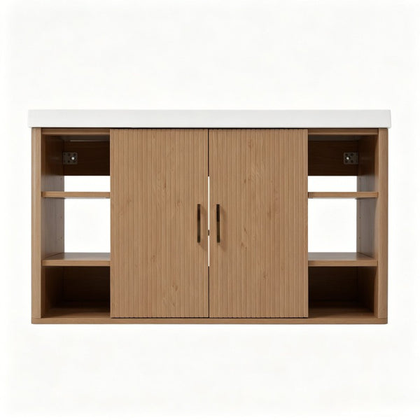 English Elm Viedo]42 Inch Floating Bathroom Vanity Wood Grain Melamine SMC Sink Gold Hardware N729P000039N