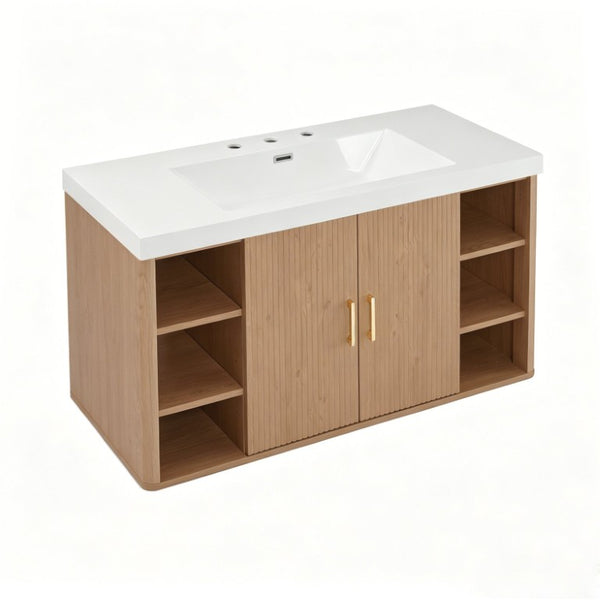 English Elm Viedo]42 Inch Floating Bathroom Vanity Wood Grain Melamine SMC Sink Gold Hardware N729P000039N