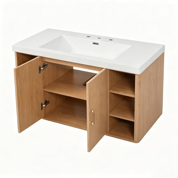 English Elm Viedo]42 Inch Floating Bathroom Vanity Wood Grain Melamine SMC Sink Gold Hardware N729P000039N