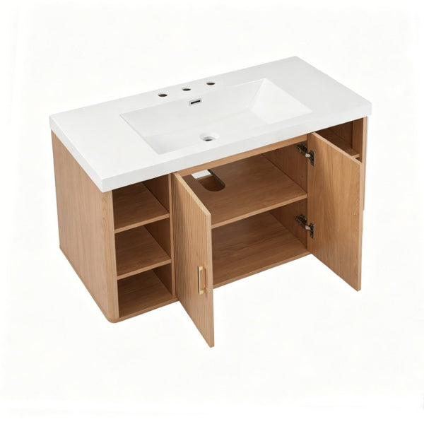 English Elm Viedo]42 Inch Floating Bathroom Vanity Wood Grain Melamine SMC Sink Gold Hardware N729P000039N