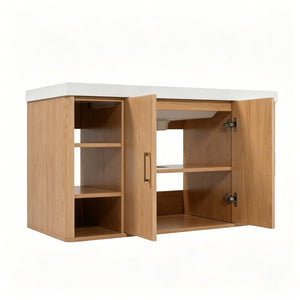 English Elm Viedo]42 Inch Floating Bathroom Vanity Wood Grain Melamine SMC Sink Gold Hardware N729P000039N