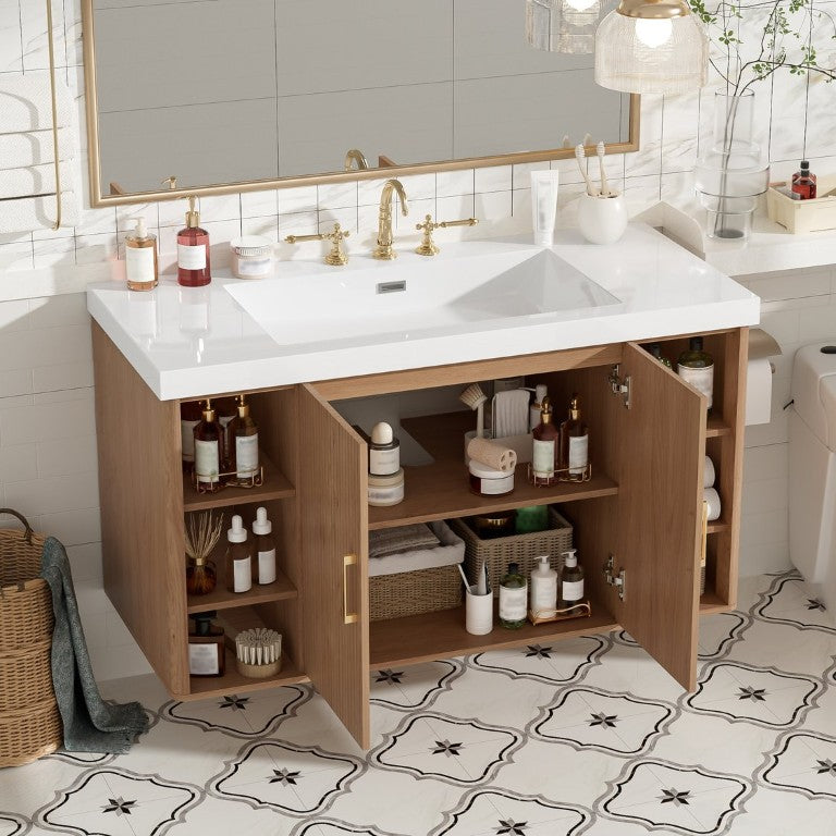 English Elm Viedo]42 Inch Floating Bathroom Vanity Wood Grain Melamine SMC Sink Gold Hardware N729P000039N