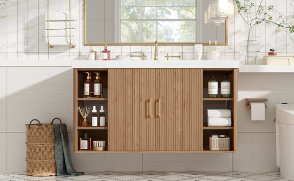 English Elm Viedo]42 Inch Floating Bathroom Vanity Wood Grain Melamine SMC Sink Gold Hardware N729P000039N