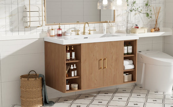 English Elm Viedo]42 Inch Floating Bathroom Vanity Wood Grain Melamine SMC Sink Gold Hardware N729P000039N