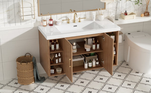 English Elm Viedo]42 Inch Floating Bathroom Vanity Wood Grain Melamine SMC Sink Gold Hardware N729P000039N