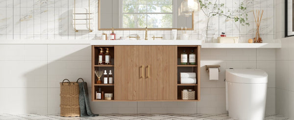 English Elm Viedo]42 Inch Floating Bathroom Vanity Wood Grain Melamine SMC Sink Gold Hardware N729P000039N