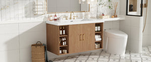English Elm Viedo]42 Inch Floating Bathroom Vanity Wood Grain Melamine SMC Sink Gold Hardware N729P000039N