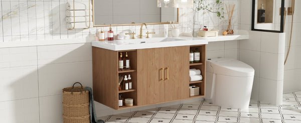 English Elm Viedo]42 Inch Floating Bathroom Vanity Wood Grain Melamine SMC Sink Gold Hardware N729P000039N