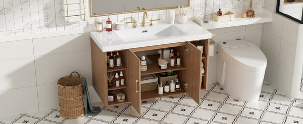English Elm Viedo]42 Inch Floating Bathroom Vanity Wood Grain Melamine SMC Sink Gold Hardware N729P000039N