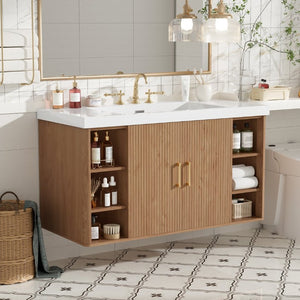 English Elm Viedo]42 Inch Floating Bathroom Vanity Wood Grain Melamine SMC Sink Gold Hardware N729P000039N