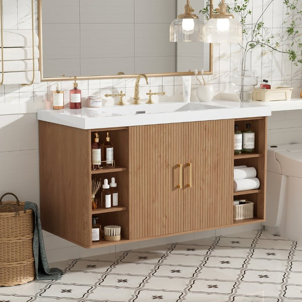 English Elm Viedo]42 Inch Floating Bathroom Vanity Wood Grain Melamine SMC Sink Gold Hardware N729P000039N