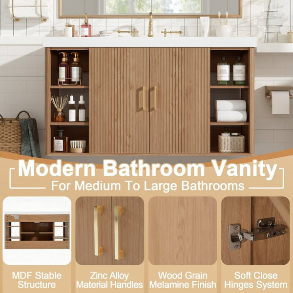English Elm Viedo]42 Inch Floating Bathroom Vanity Wood Grain Melamine SMC Sink Gold Hardware N729P000039N
