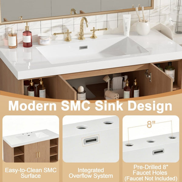 English Elm Viedo]42 Inch Floating Bathroom Vanity Wood Grain Melamine SMC Sink Gold Hardware N729P000039N