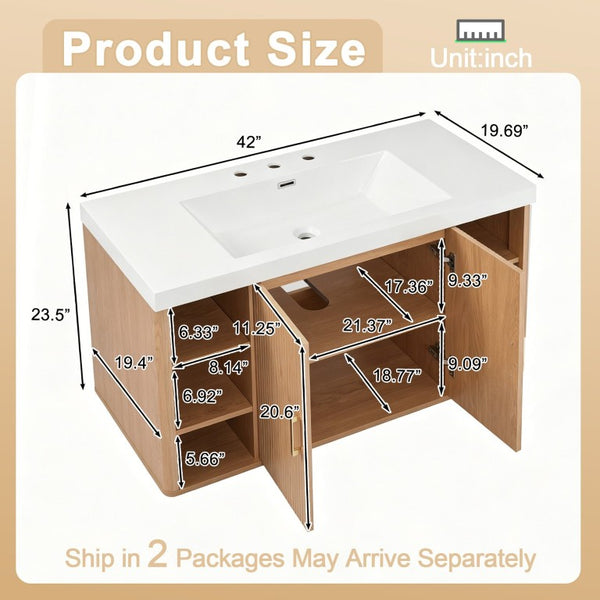 English Elm Viedo]42 Inch Floating Bathroom Vanity Wood Grain Melamine SMC Sink Gold Hardware N729P000039N