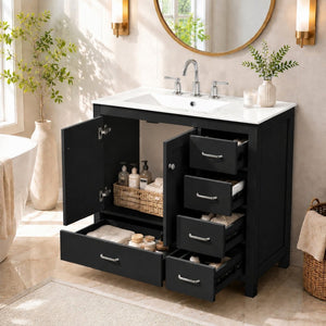 English Elm 36 Inch Matte Black Bathroom Vanity with Ceramic Sink 5 Drawers Soft Close Cabinet N729P000040B
