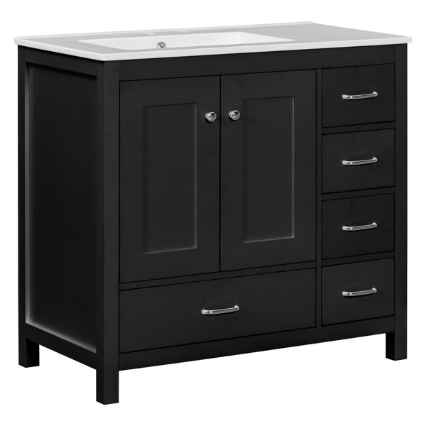 English Elm 36 Inch Matte Black Bathroom Vanity with Ceramic Sink 5 Drawers Soft Close Cabinet N729P000040B