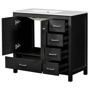 English Elm 36 Inch Matte Black Bathroom Vanity with Ceramic Sink 5 Drawers Soft Close Cabinet N729P000040B