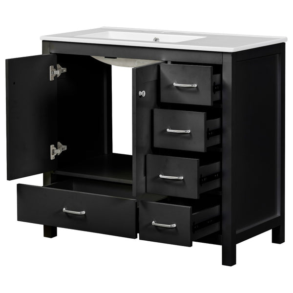 English Elm 36 Inch Matte Black Bathroom Vanity with Ceramic Sink 5 Drawers Soft Close Cabinet N729P000040B