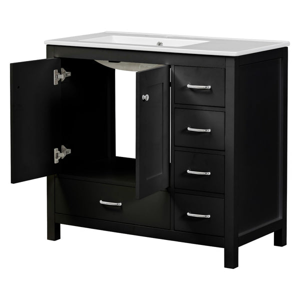 English Elm 36 Inch Matte Black Bathroom Vanity with Ceramic Sink 5 Drawers Soft Close Cabinet N729P000040B