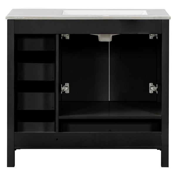 English Elm 36 Inch Matte Black Bathroom Vanity with Ceramic Sink 5 Drawers Soft Close Cabinet N729P000040B