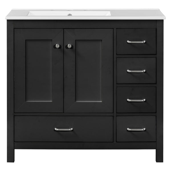 English Elm 36 Inch Matte Black Bathroom Vanity with Ceramic Sink 5 Drawers Soft Close Cabinet N729P000040B