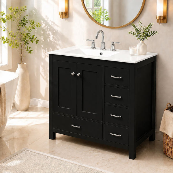 English Elm 36 Inch Matte Black Bathroom Vanity with Ceramic Sink 5 Drawers Soft Close Cabinet N729P000040B